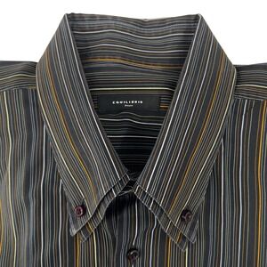 Equilibrio Italia Mens Button Down Shirt Black Grey Ochre Striped Cotton XXL